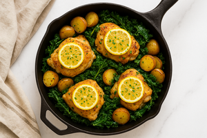 Cast Iron Skillet Lemon Chicken & Potatoes With Kale Recipe